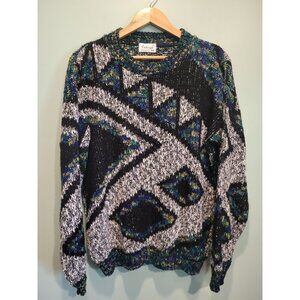 Vtg Mens Protege Tag Textured Geometric Dark Multicolor Crewneck Sweater Sz M